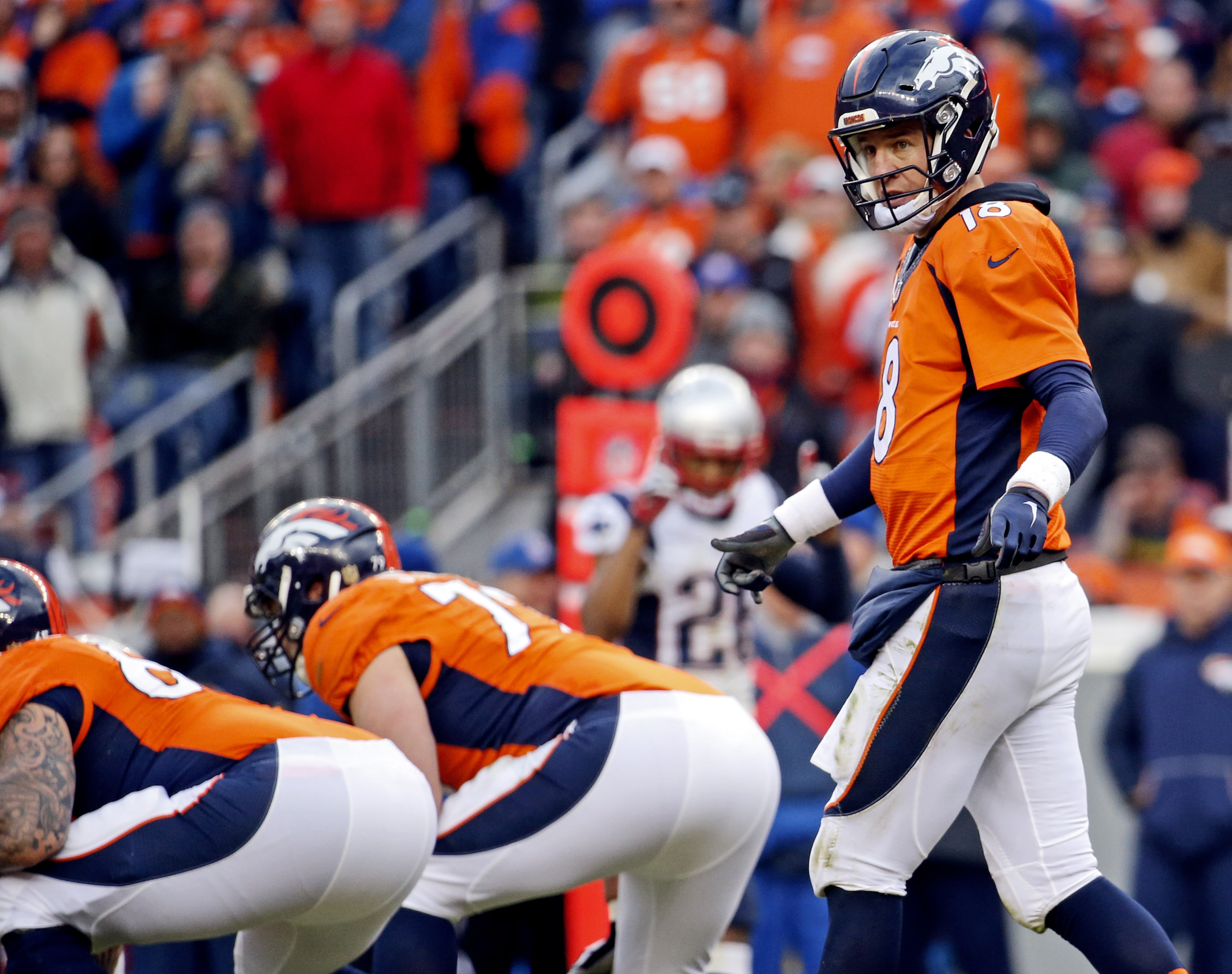 A Denver Broncos Peyton Manning Super Bowl 50 jersey is held up